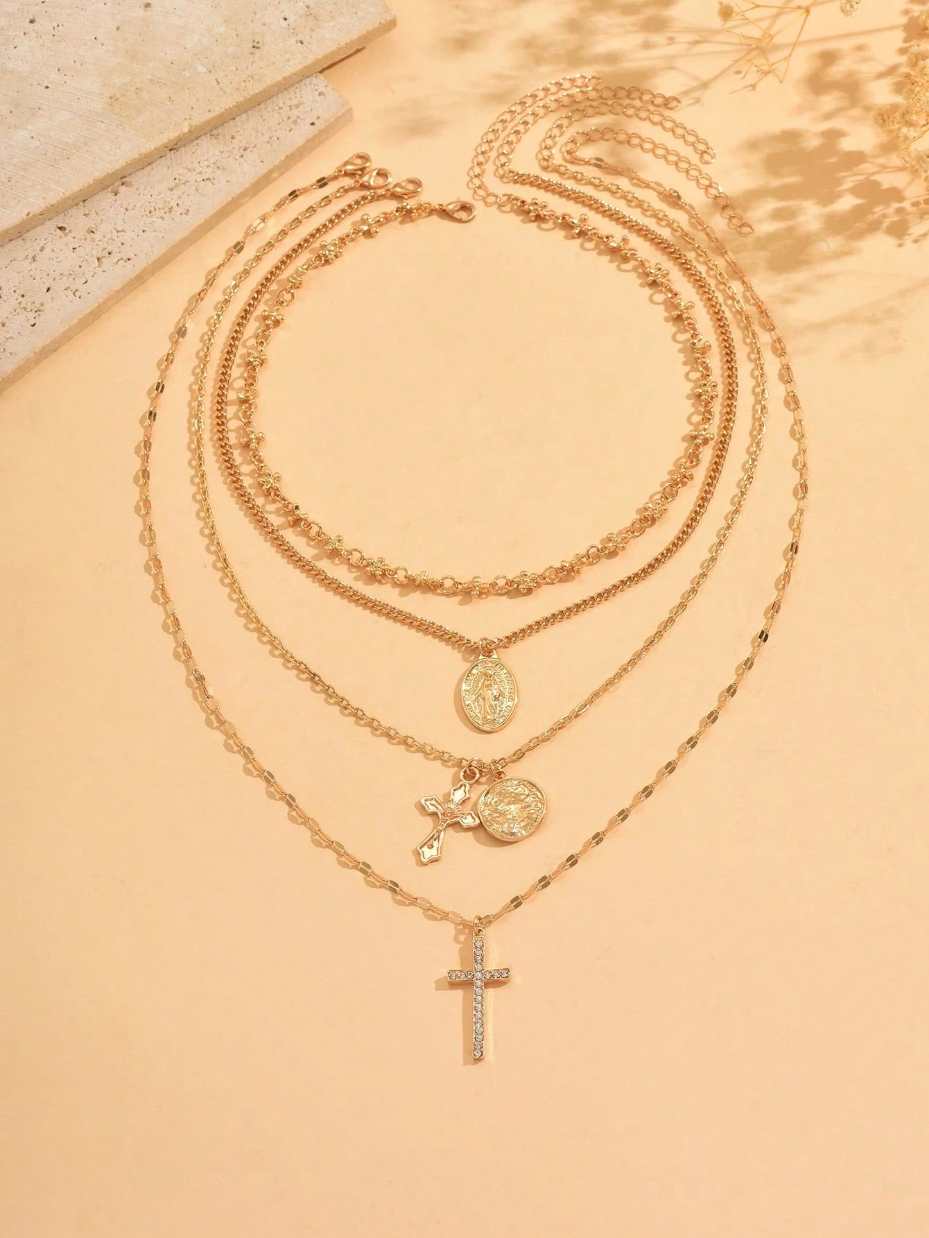 4 Piece Vintage Metal Cross Pendant Necklace Set Women's Multi Layer Stacked Jewelry For Daily Wear Travel Music Festival And Special Occasions