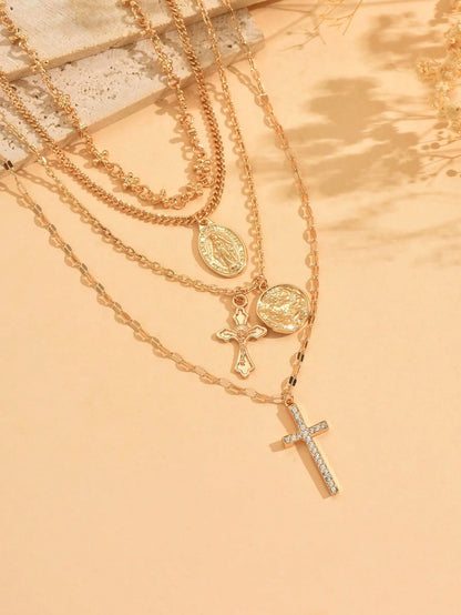 4 Piece Vintage Metal Cross Pendant Necklace Set Women's Multi Layer Stacked Jewelry For Daily Wear Travel Music Festival And Special Occasions