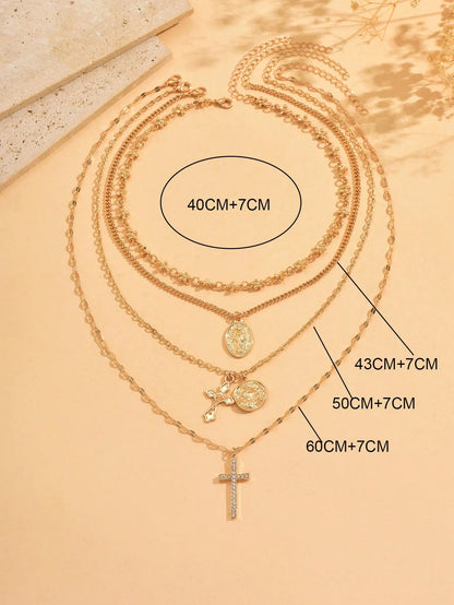 4 Piece Vintage Metal Cross Pendant Necklace Set Women's Multi Layer Stacked Jewelry For Daily Wear Travel Music Festival And Special Occasions
