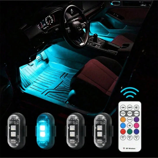 4 RGB LED Portable Party Lights-Wireless Remote Control, 8 Customizable Colors, Rechargeable Car Footwell Lights, Chassis Ambient Light Kit, Essential Car Strobe Lights, Suitable For SUVs, Trucks, Mo