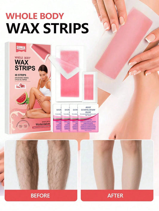 40-Piece Watermelon Pink Women's Wax Strips Set| 40 Wax Strips + 4 Soothing Oil Wipes| Bikini Line & Brazilian Waxing| Gentle Non-Irritating| For Lip, Underarm & Leg Hair Removal| Spring-Summer C