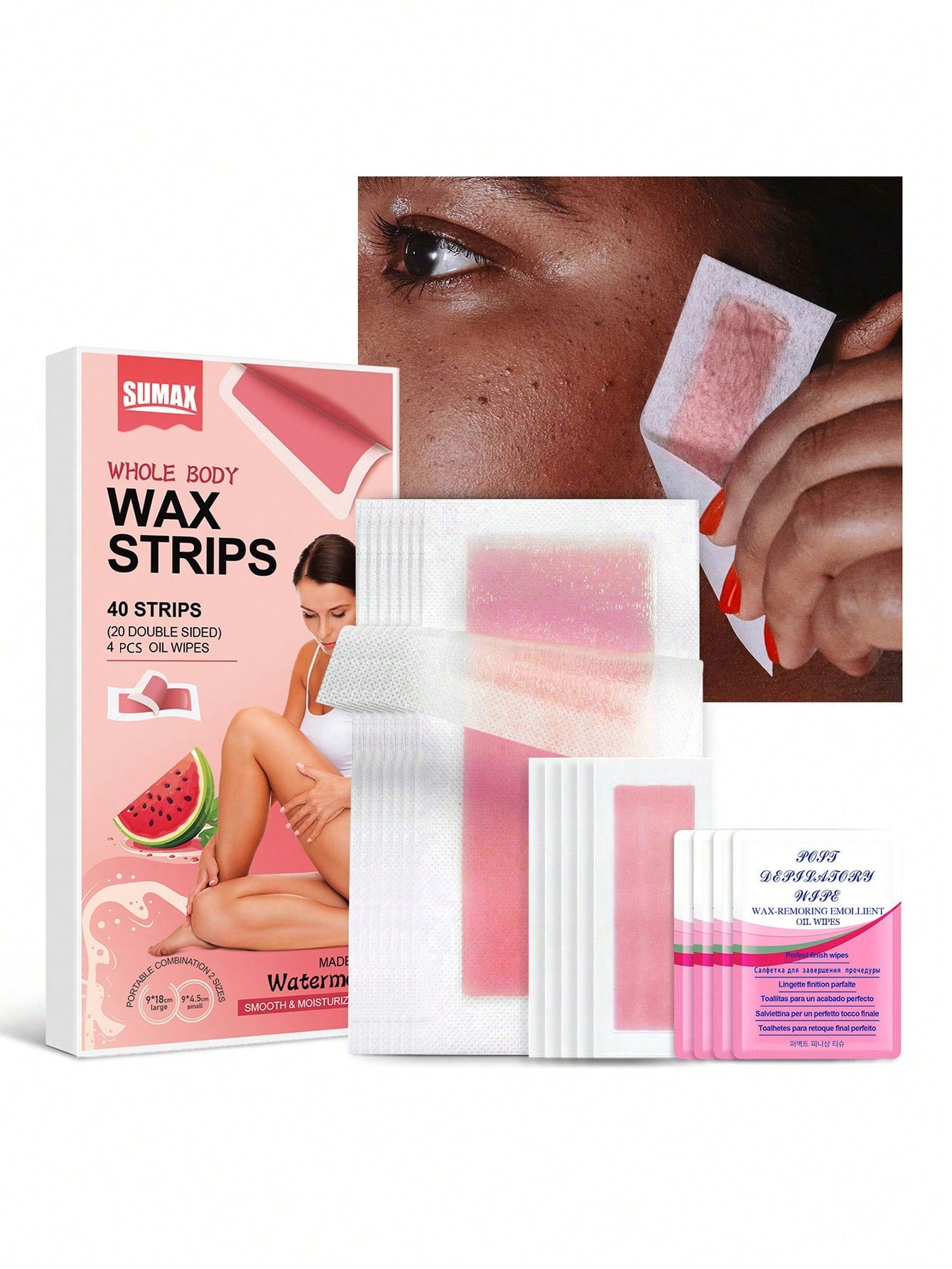 40-Piece Watermelon Pink Women's Wax Strips Set| 40 Wax Strips + 4 Soothing Oil Wipes| Bikini Line & Brazilian Waxing| Gentle Non-Irritating| For Lip, Underarm & Leg Hair Removal| Spring-Summer C