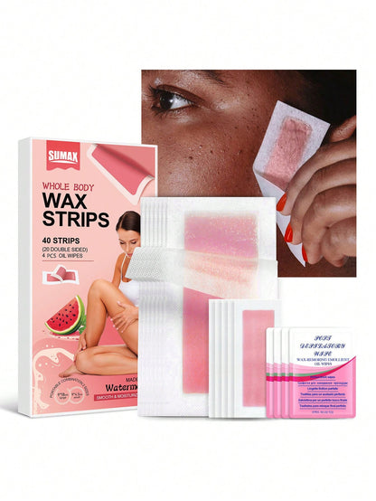 40-Piece Watermelon Pink Women's Wax Strips Set| 40 Wax Strips + 4 Soothing Oil Wipes| Bikini Line & Brazilian Waxing| Gentle Non-Irritating| For Lip, Underarm & Leg Hair Removal| Spring-Summer C