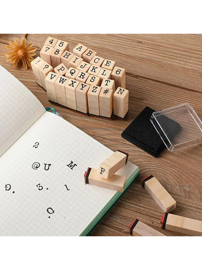 40pcs Wooden Rubber Stamps, Alphabet Letter/Number Stamps Stamper Seal Set For DIY Craft Scrapbooking Card Making,Back To School,School Supplies