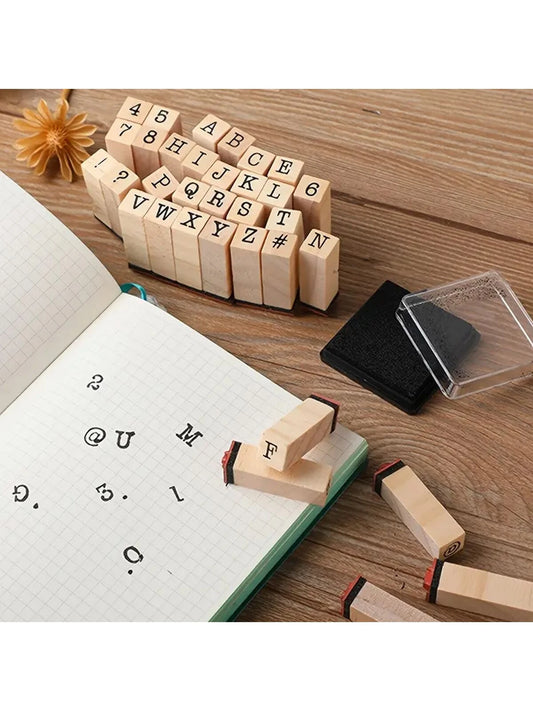 40pcs Wooden Rubber Stamps, Alphabet Letter/Number Stamps Stamper Seal Set For DIY Craft Scrapbooking Card Making,Back To School,School Supplies