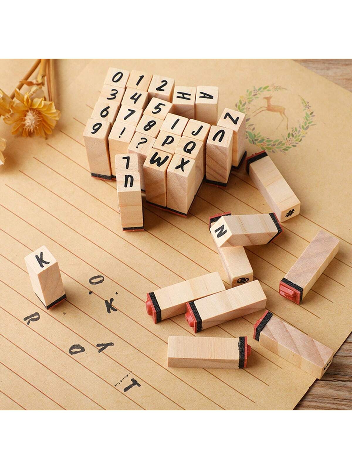 40pcs Wooden Rubber Stamps, Alphabet Letter/Number Stamps Stamper Seal Set For DIY Craft Scrapbooking Card Making,Back To School,School Supplies