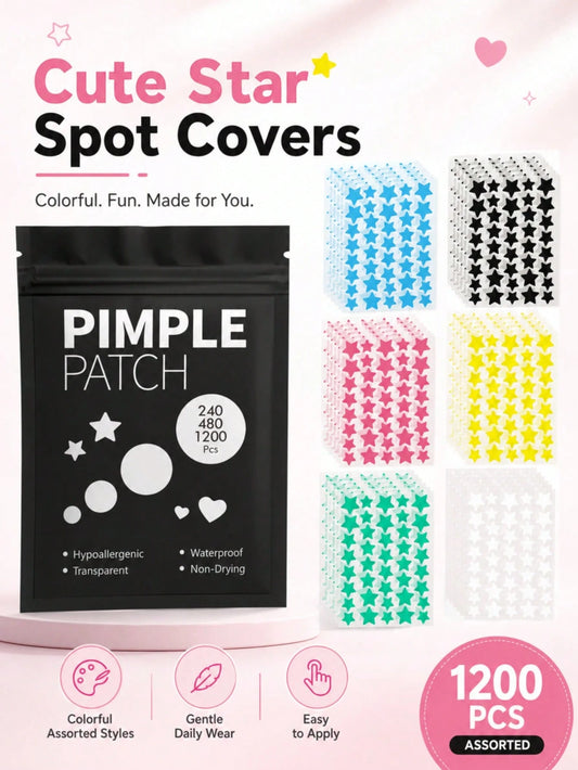 480/1200PCS 6-Color Star Shaped Acne Patches, Waterproof & Sweat-Proof, Day & Night Use, Scar Concealing, Seamless & No Caking, Gentle & Non-Irritating, Refreshing & Skin-Friendly