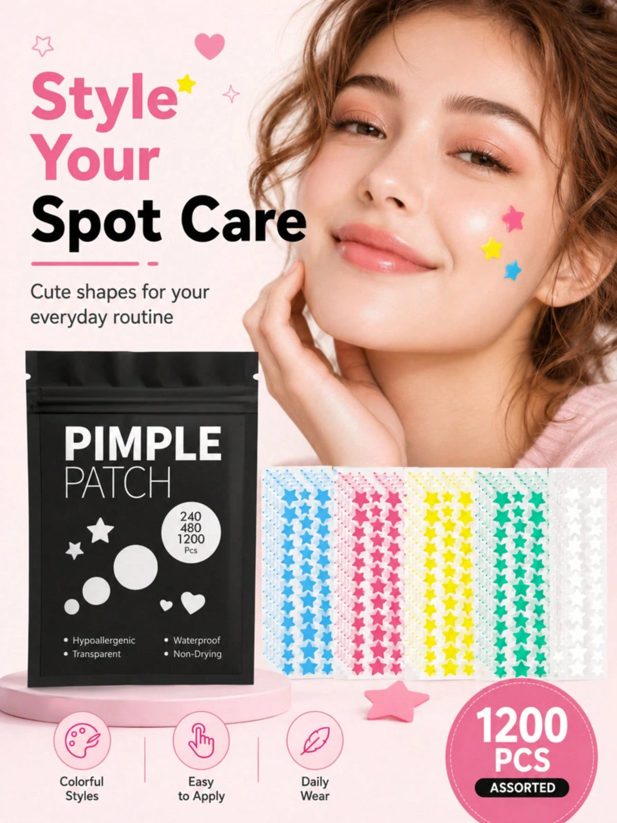 480/1200PCS 6-Color Star Shaped Acne Patches, Waterproof & Sweat-Proof, Day & Night Use, Scar Concealing, Seamless & No Caking, Gentle & Non-Irritating, Refreshing & Skin-Friendly