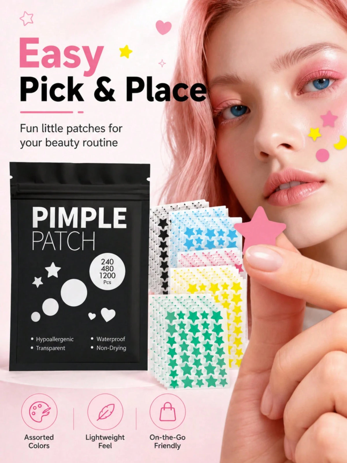 480/1200PCS 6-Color Star Shaped Acne Patches, Waterproof & Sweat-Proof, Day & Night Use, Scar Concealing, Seamless & No Caking, Gentle & Non-Irritating, Refreshing & Skin-Friendly