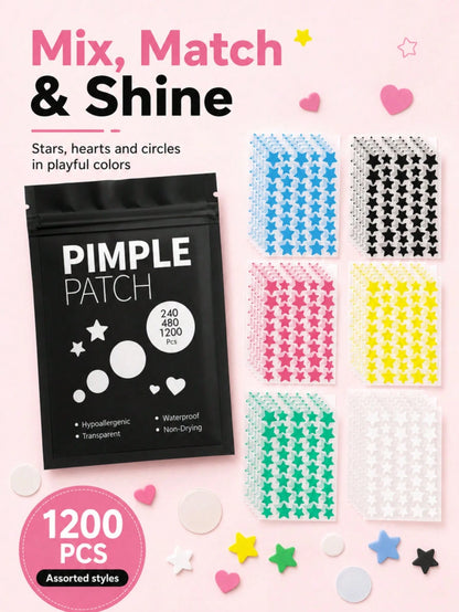 480/1200PCS 6-Color Star Shaped Acne Patches, Waterproof & Sweat-Proof, Day & Night Use, Scar Concealing, Seamless & No Caking, Gentle & Non-Irritating, Refreshing & Skin-Friendly