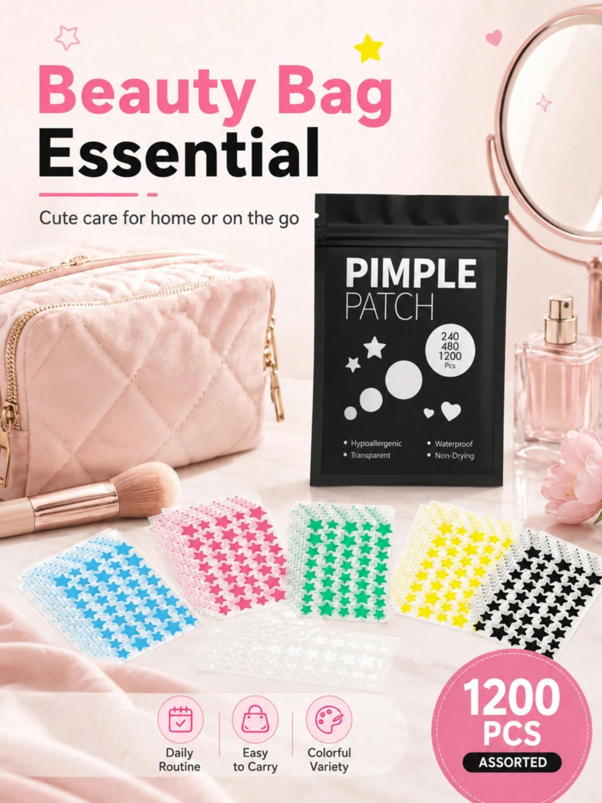 480/1200PCS 6-Color Star Shaped Acne Patches, Waterproof & Sweat-Proof, Day & Night Use, Scar Concealing, Seamless & No Caking, Gentle & Non-Irritating, Refreshing & Skin-Friendly