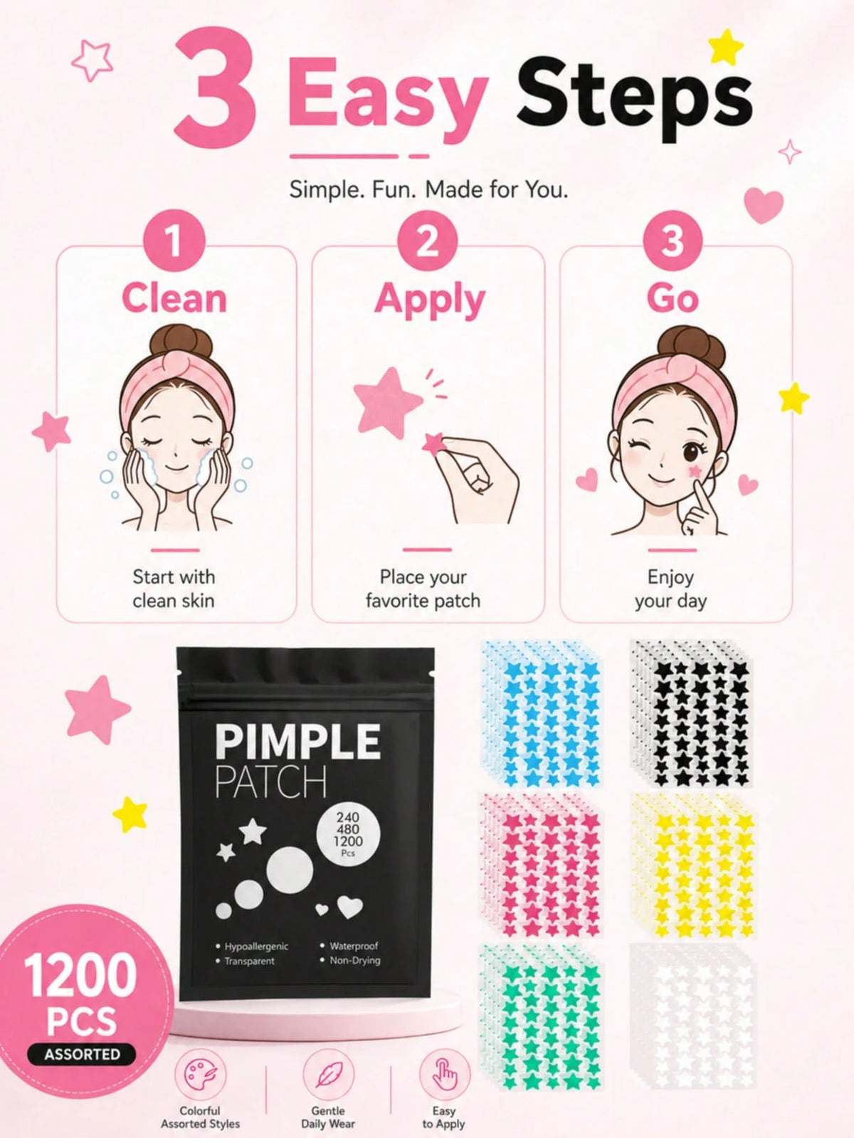 480/1200PCS 6-Color Star Shaped Acne Patches, Waterproof & Sweat-Proof, Day & Night Use, Scar Concealing, Seamless & No Caking, Gentle & Non-Irritating, Refreshing & Skin-Friendly