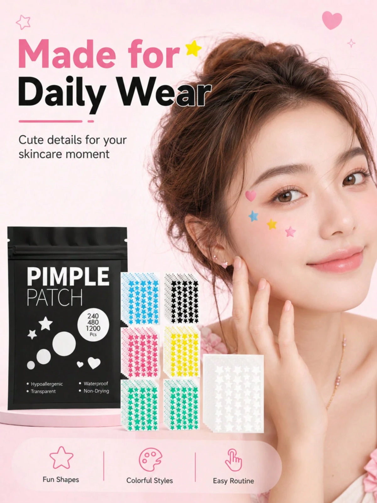 480/1200PCS 6-Color Star Shaped Acne Patches, Waterproof & Sweat-Proof, Day & Night Use, Scar Concealing, Seamless & No Caking, Gentle & Non-Irritating, Refreshing & Skin-Friendly