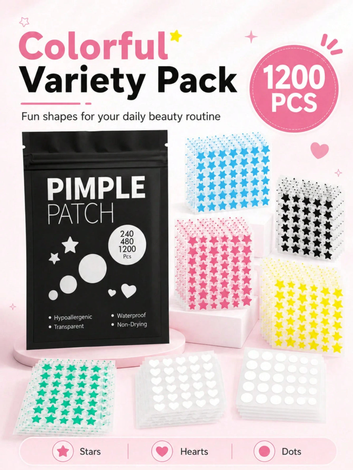 480/1200PCS 6-Color Star Shaped Acne Patches, Waterproof & Sweat-Proof, Day & Night Use, Scar Concealing, Seamless & No Caking, Gentle & Non-Irritating, Refreshing & Skin-Friendly