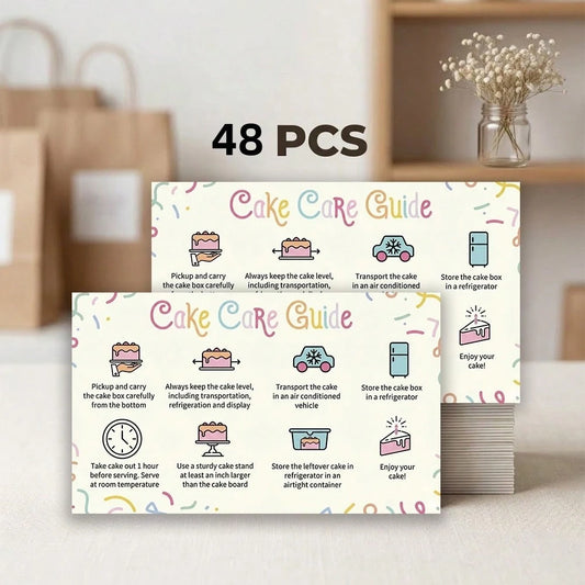 48pcs Dessert Cake Bread Care Instruction Cards, High Gram Cardstock, Storage & Transport Guide, Small Business Elegant Order Packaging Inserts, Smooth Surface Easy To Write Messages, Minimalist Party