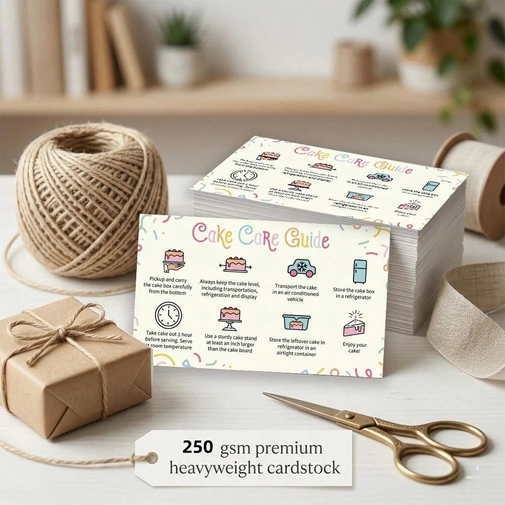 48pcs Dessert Cake Bread Care Instruction Cards, High Gram Cardstock, Storage & Transport Guide, Small Business Elegant Order Packaging Inserts, Smooth Surface Easy To Write Messages, Minimalist Party