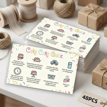 48pcs Dessert Cake Bread Care Instruction Cards, High Gram Cardstock, Storage & Transport Guide, Small Business Elegant Order Packaging Inserts, Smooth Surface Easy To Write Messages, Minimalist Party
