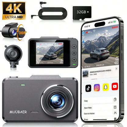 4K Dash Cam Front And Rear For Cars, 64GB Sd Card Included – WiFi, App Control, UHD 2160P, Built-In G-Sensor, Loop Recording, Night Vision, 170° Wide Angle, 24H Parking, WDR