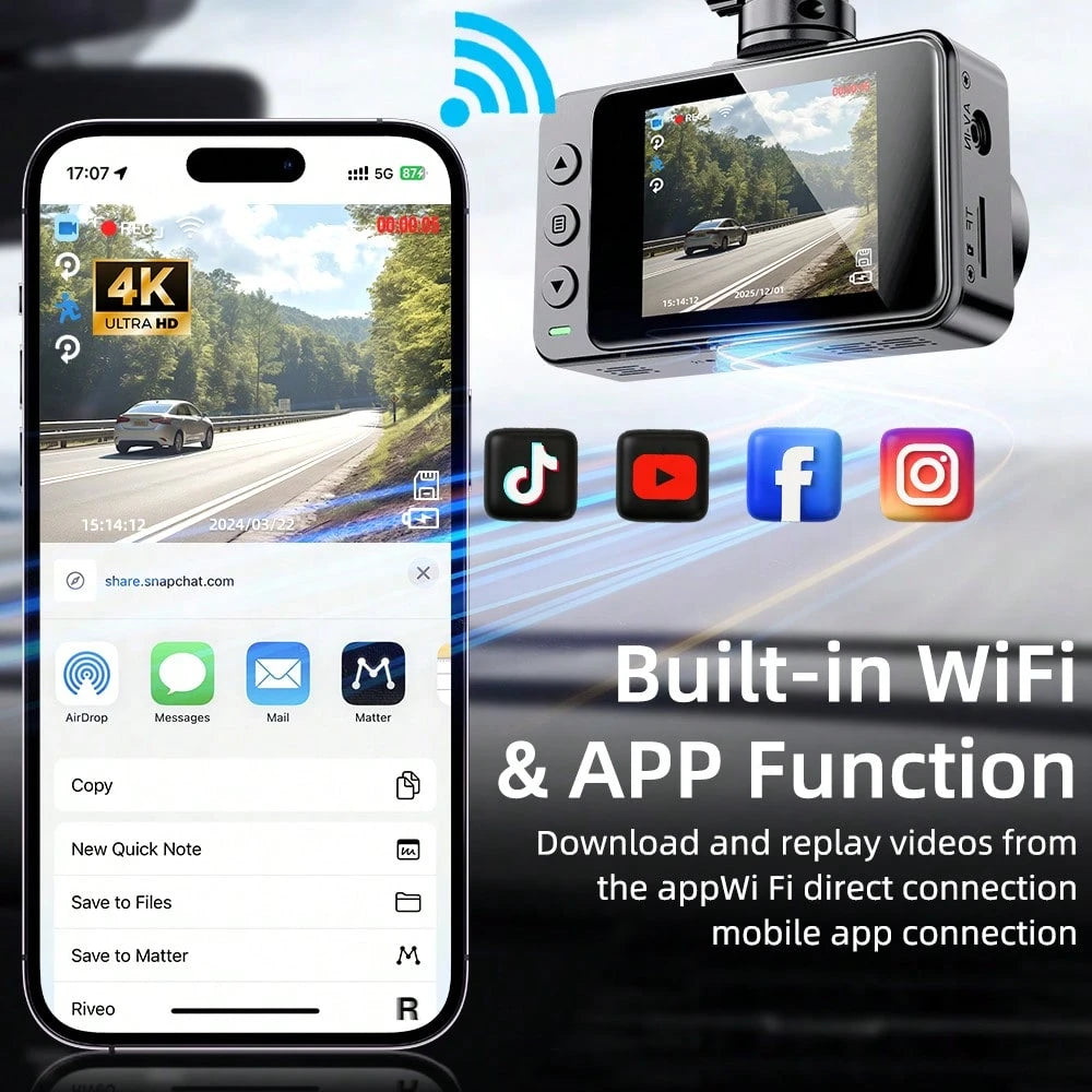 4K Dash Cam Front And Rear For Cars, 64GB Sd Card Included – WiFi, App Control, UHD 2160P, Built-In G-Sensor, Loop Recording, Night Vision, 170° Wide Angle, 24H Parking, WDR
