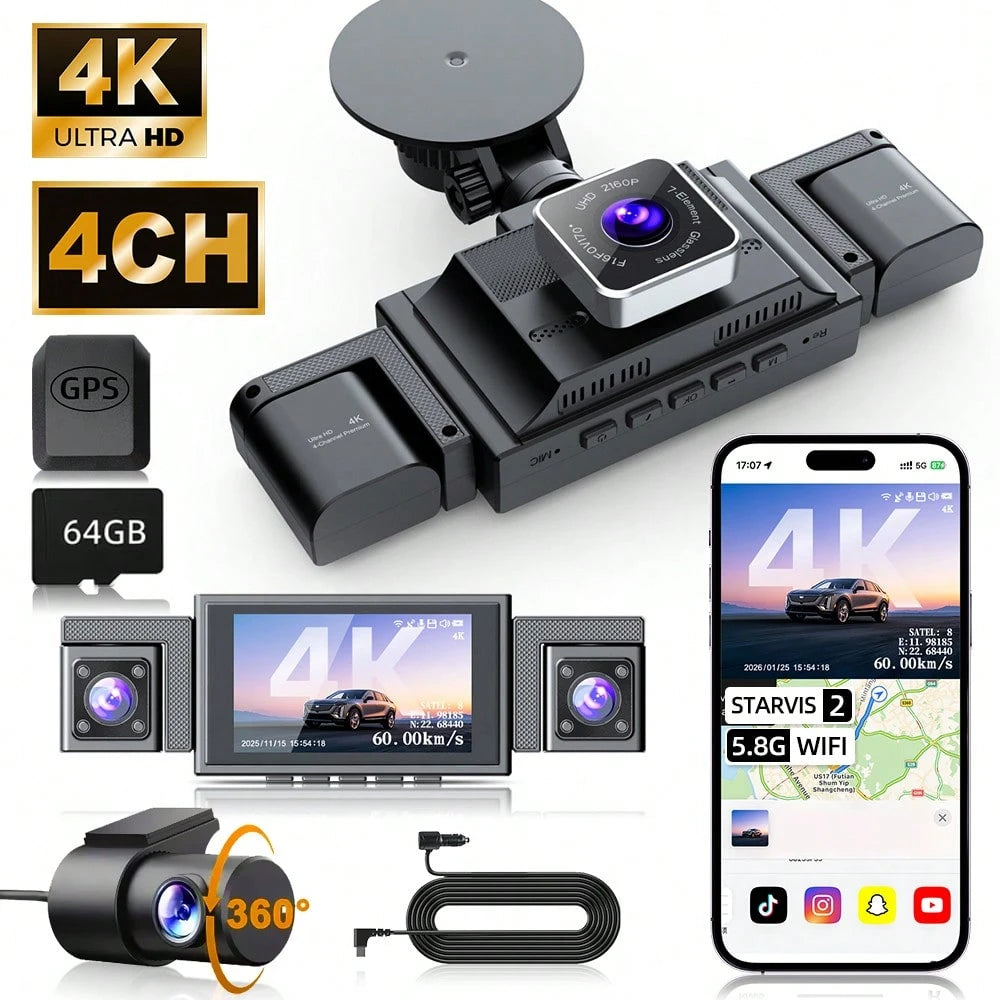 4K Dash Cam Front And Rear For Cars, 64GB Sd Card Included – WiFi, App Control, UHD 2160P, Built-In G-Sensor, Loop Recording, Night Vision, 170° Wide Angle, 24H Parking, WDR