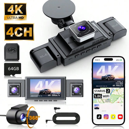 4K Dash Cam Front And Rear For Cars, 64GB Sd Card Included – WiFi, App Control, UHD 2160P, Built-In G-Sensor, Loop Recording, Night Vision, 170° Wide Angle, 24H Parking, WDR