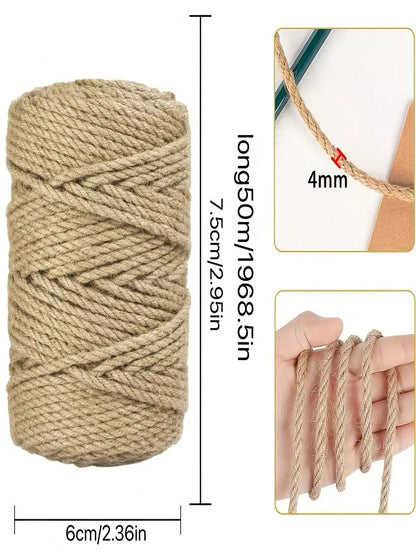 4mm Jute Rope, 164ft Large Roll Natural Jute Rope, Heavy Duty Thickened Hemp Rope, Suitable For DIY Crafts, Gardening Binding, Home Decor, Cat Scratching Post