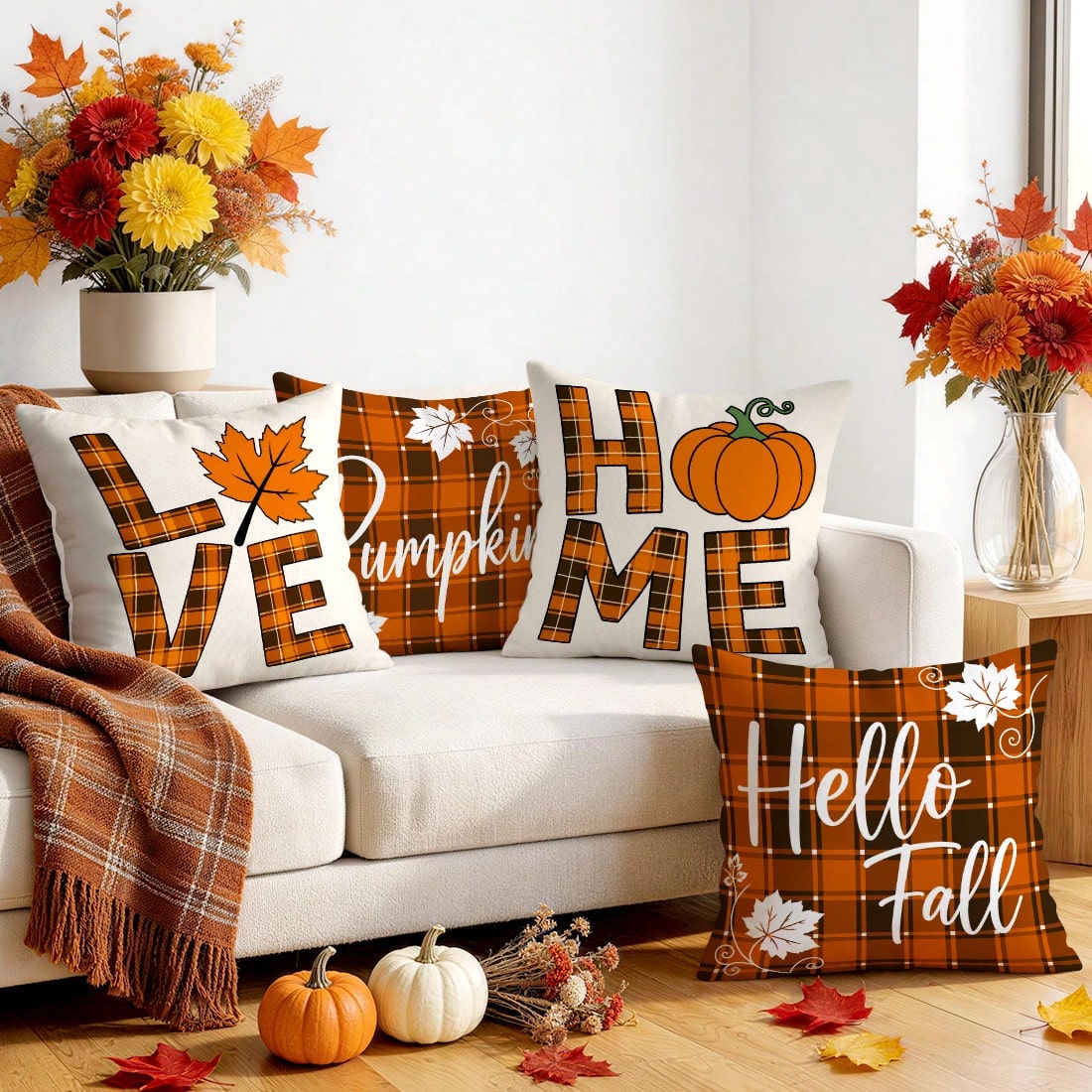 4pcs/1pc Autumn Buffalo Plaid Maple Leaf Pillow Case Without Insert, Single-Sided Printed Pillow Case, Suitable For Living Room Bedroom Home Decor, All Season Pillow Case
