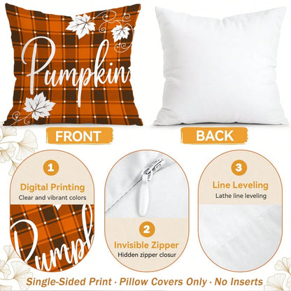 4pcs/1pc Autumn Buffalo Plaid Maple Leaf Pillow Case Without Insert, Single-Sided Printed Pillow Case, Suitable For Living Room Bedroom Home Decor, All Season Pillow Case