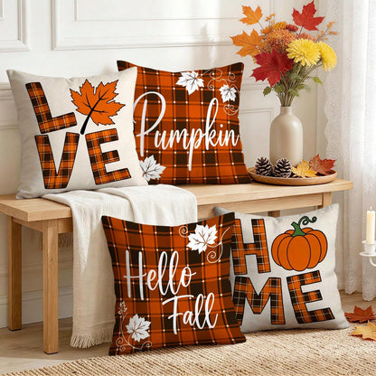 4pcs/1pc Autumn Buffalo Plaid Maple Leaf Pillow Case Without Insert, Single-Sided Printed Pillow Case, Suitable For Living Room Bedroom Home Decor, All Season Pillow Case