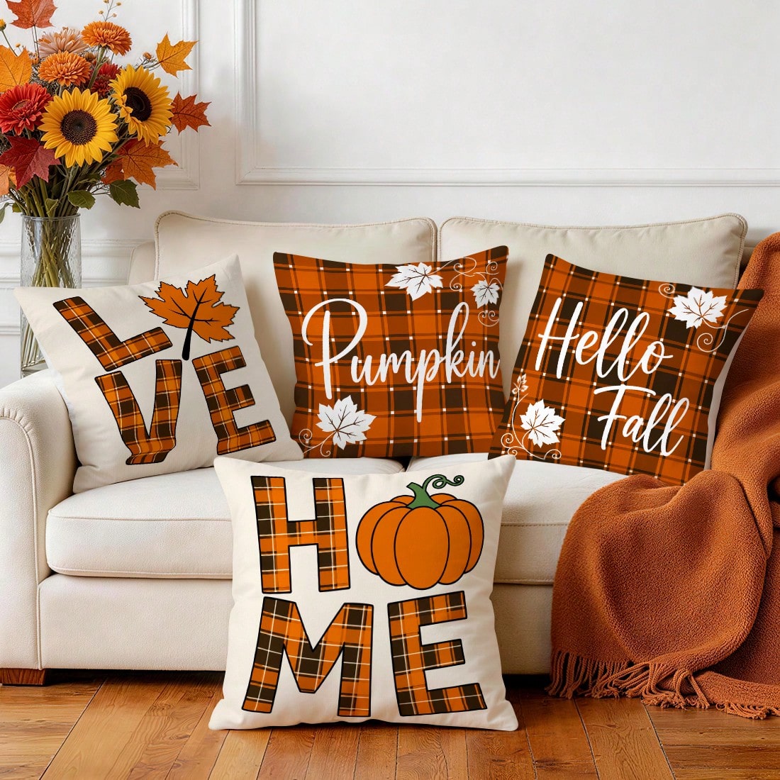 4pcs/1pc Autumn Buffalo Plaid Maple Leaf Pillow Case Without Insert, Single-Sided Printed Pillow Case, Suitable For Living Room Bedroom Home Decor, All Season Pillow Case