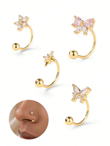 4PCS/1PC CZ Butterfly Star Flower Bow Nose Ring Hoop Gold Open Nose Hoop 20G Rotating Ball End Nostril Piercing Jewelry For Women