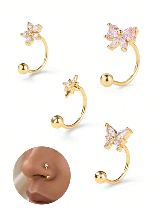 4PCS/1PC CZ Butterfly Star Flower Bow Nose Ring Hoop Gold Open Nose Hoop 20G Rotating Ball End Nostril Piercing Jewelry For Women