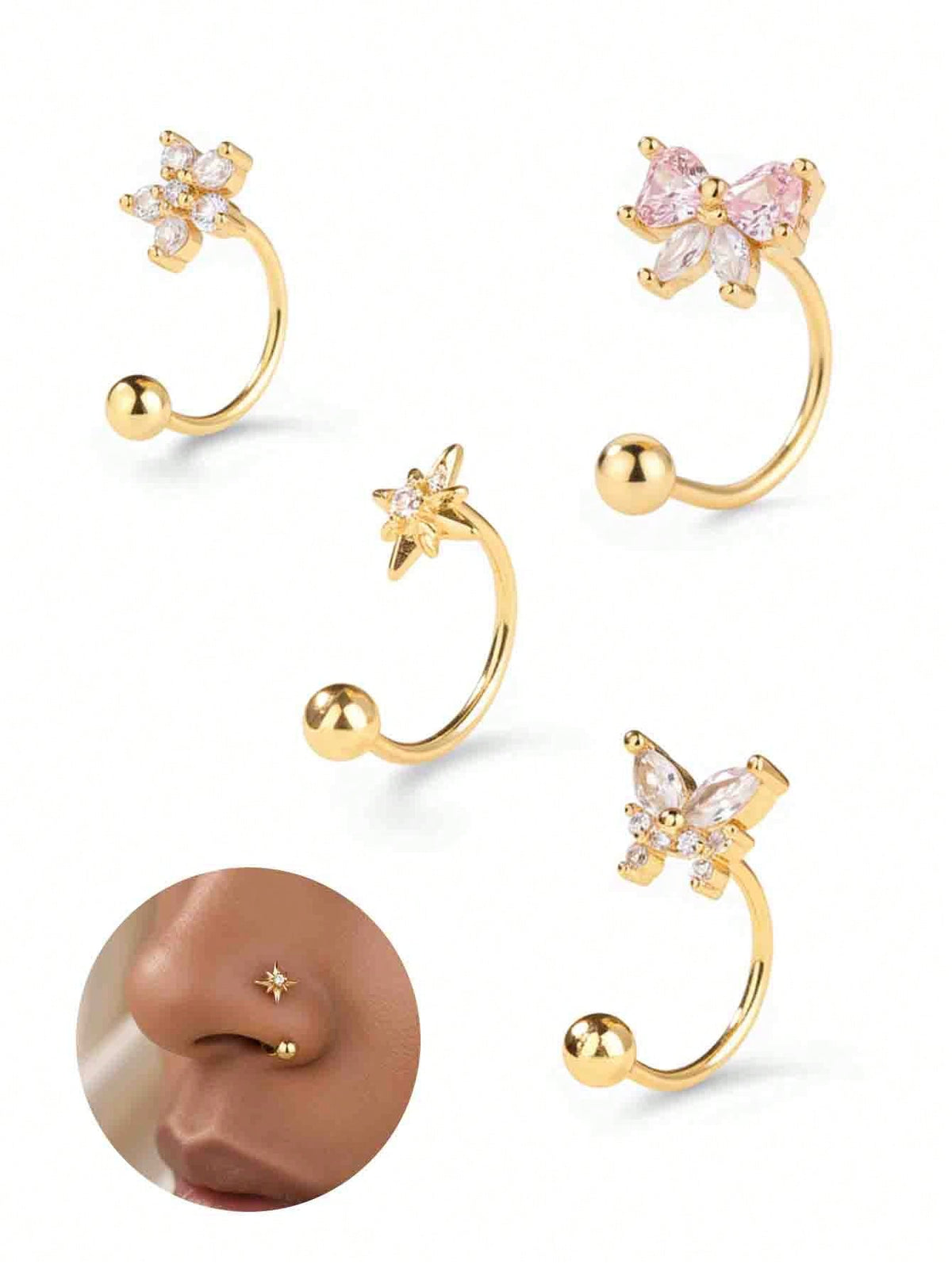 4PCS/1PC CZ Butterfly Star Flower Bow Nose Ring Hoop Gold Open Nose Hoop 20G Rotating Ball End Nostril Piercing Jewelry For Women