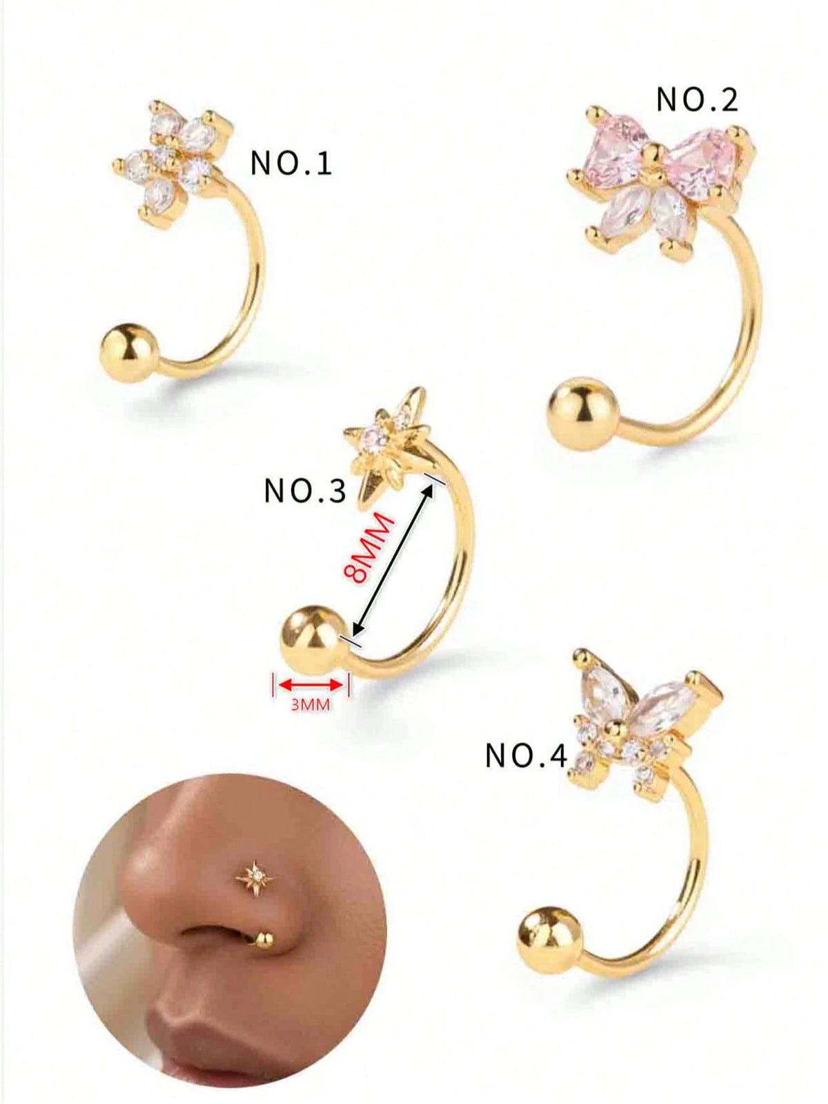 4PCS/1PC CZ Butterfly Star Flower Bow Nose Ring Hoop Gold Open Nose Hoop 20G Rotating Ball End Nostril Piercing Jewelry For Women