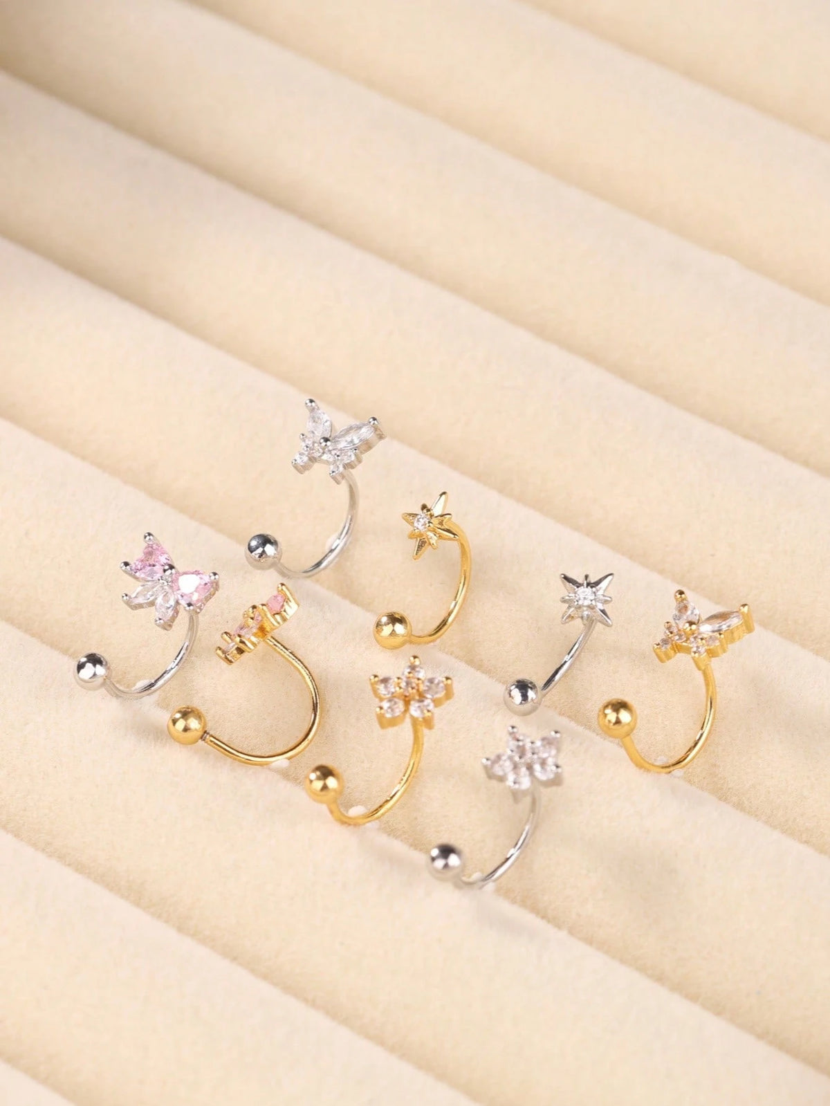 4PCS/1PC CZ Butterfly Star Flower Bow Nose Ring Hoop Gold Open Nose Hoop 20G Rotating Ball End Nostril Piercing Jewelry For Women