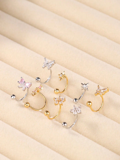 4PCS/1PC CZ Butterfly Star Flower Bow Nose Ring Hoop Gold Open Nose Hoop 20G Rotating Ball End Nostril Piercing Jewelry For Women
