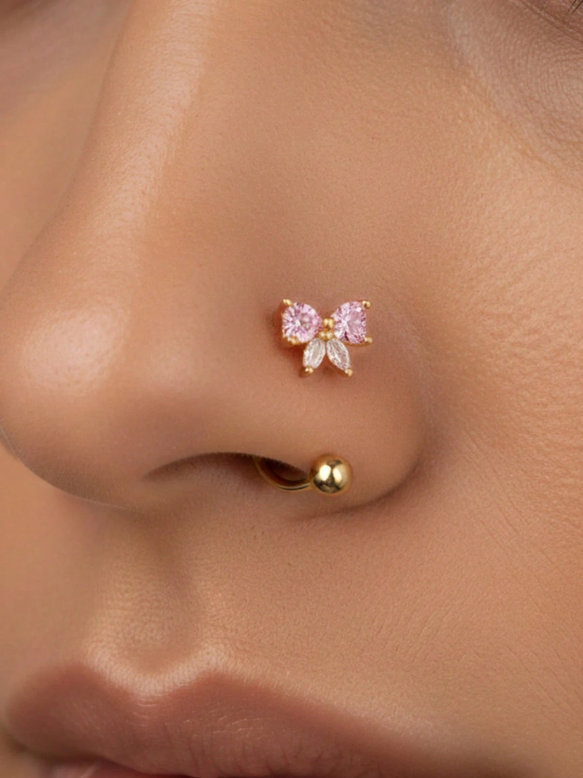 4PCS/1PC CZ Butterfly Star Flower Bow Nose Ring Hoop Gold Open Nose Hoop 20G Rotating Ball End Nostril Piercing Jewelry For Women