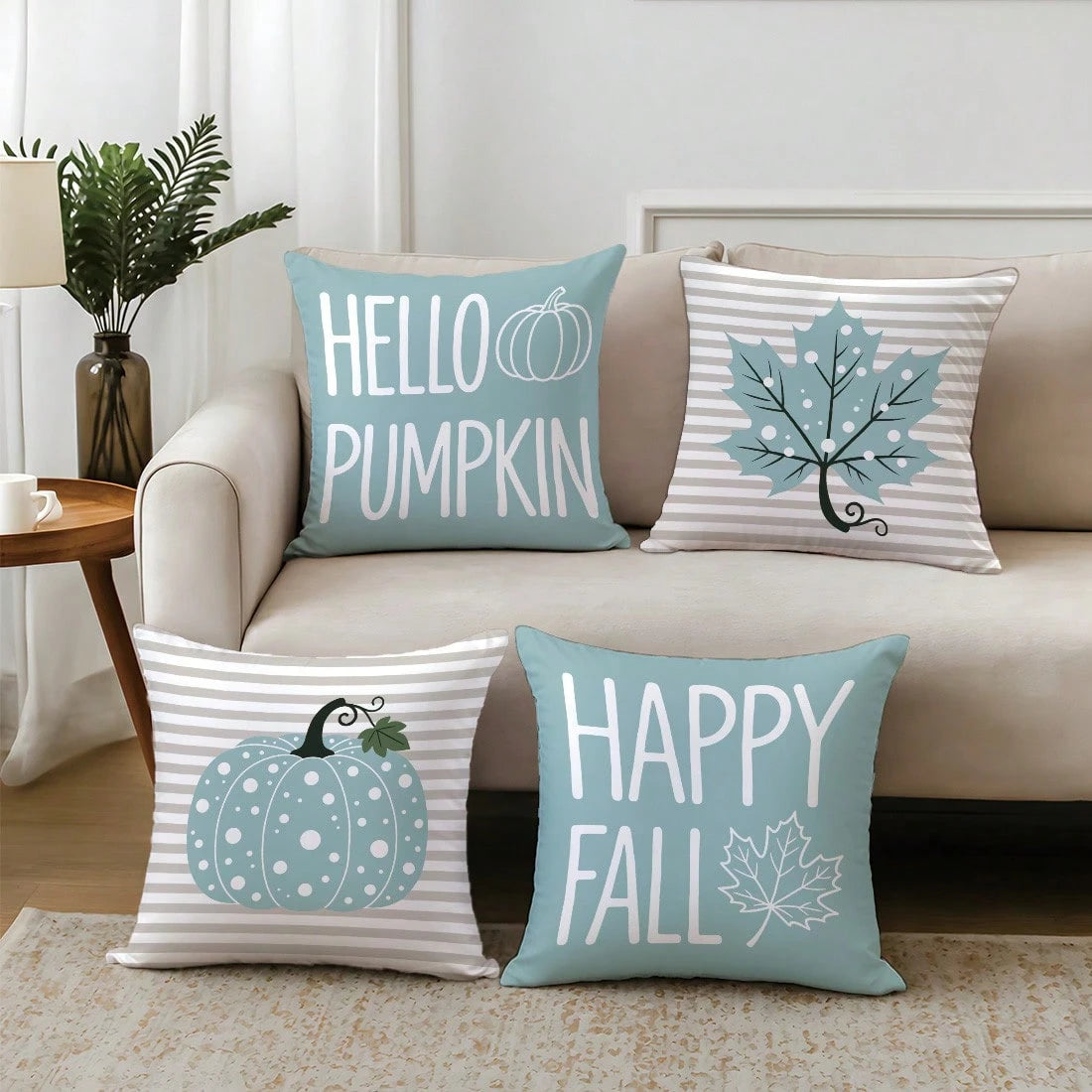 4pcs Autumn Minimalist Blue Polka Dot Pumpkin Maple Leaf Cushion Covers, Single-Sided Printed Skin-Friendly Peach Skin Velvet Material, 45*45CM Pillow Covers Suitable For Home Bedroom Living Room Room