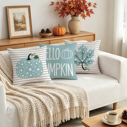 4pcs Autumn Minimalist Blue Polka Dot Pumpkin Maple Leaf Cushion Covers, Single-Sided Printed Skin-Friendly Peach Skin Velvet Material, 45*45CM Pillow Covers Suitable For Home Bedroom Living Room Room
