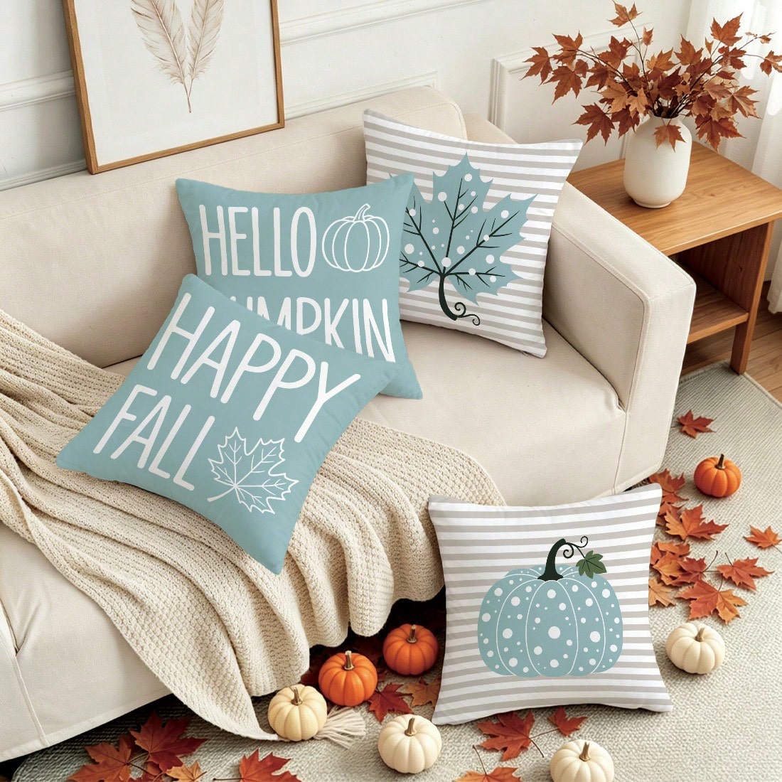 4pcs Autumn Minimalist Blue Polka Dot Pumpkin Maple Leaf Cushion Covers, Single-Sided Printed Skin-Friendly Peach Skin Velvet Material, 45*45CM Pillow Covers Suitable For Home Bedroom Living Room Room