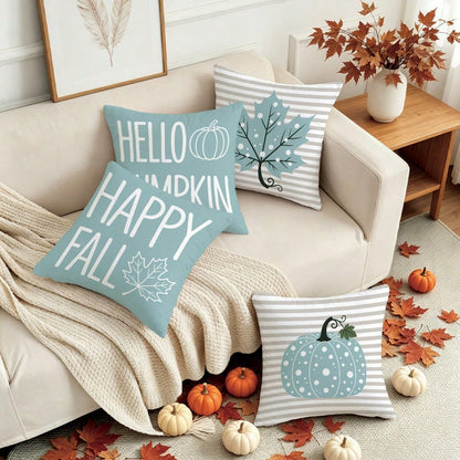 4pcs Autumn Minimalist Blue Polka Dot Pumpkin Maple Leaf Cushion Covers, Single-Sided Printed Skin-Friendly Peach Skin Velvet Material, 45*45CM Pillow Covers Suitable For Home Bedroom Living Room Room