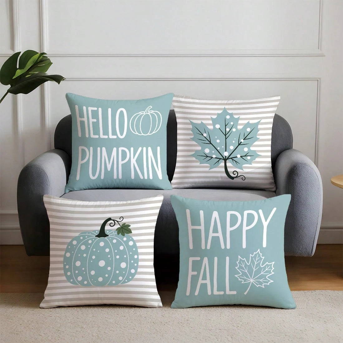 4pcs Autumn Minimalist Blue Polka Dot Pumpkin Maple Leaf Cushion Covers, Single-Sided Printed Skin-Friendly Peach Skin Velvet Material, 45*45CM Pillow Covers Suitable For Home Bedroom Living Room Room