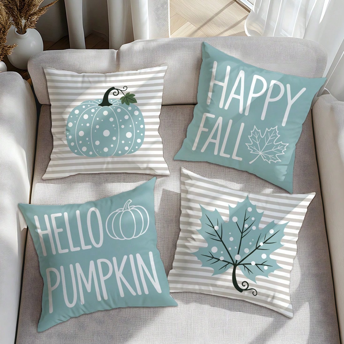 4pcs Autumn Minimalist Blue Polka Dot Pumpkin Maple Leaf Cushion Covers, Single-Sided Printed Skin-Friendly Peach Skin Velvet Material, 45*45CM Pillow Covers Suitable For Home Bedroom Living Room Room