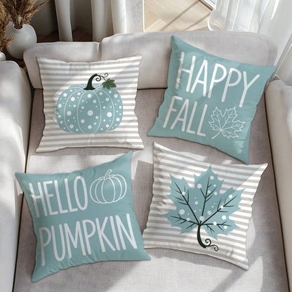 4pcs Autumn Minimalist Blue Polka Dot Pumpkin Maple Leaf Cushion Covers, Single-Sided Printed Skin-Friendly Peach Skin Velvet Material, 45*45CM Pillow Covers Suitable For Home Bedroom Living Room Room
