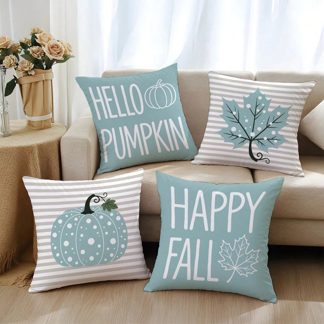 4pcs Autumn Minimalist Blue Polka Dot Pumpkin Maple Leaf Cushion Covers, Single-Sided Printed Skin-Friendly Peach Skin Velvet Material, 45*45CM Pillow Covers Suitable For Home Bedroom Living Room Room
