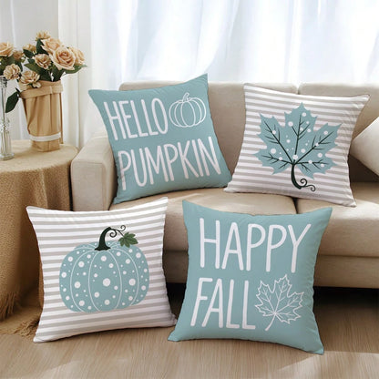 4pcs Autumn Minimalist Blue Polka Dot Pumpkin Maple Leaf Cushion Covers, Single-Sided Printed Skin-Friendly Peach Skin Velvet Material, 45*45CM Pillow Covers Suitable For Home Bedroom Living Room Room
