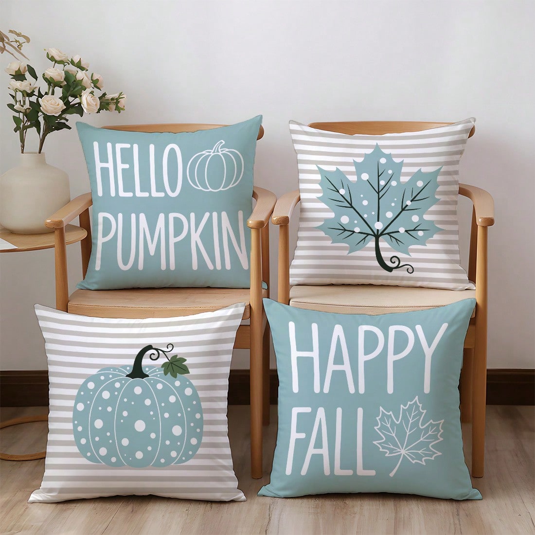 4pcs Autumn Minimalist Blue Polka Dot Pumpkin Maple Leaf Cushion Covers, Single-Sided Printed Skin-Friendly Peach Skin Velvet Material, 45*45CM Pillow Covers Suitable For Home Bedroom Living Room Room