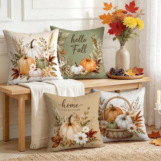 4pcs Autumn Theme Pumpkin Pattern Single-Sided Printed Pillow Covers/Cushion Covers, Multi-Scenario Atmosphere Decoration Pillow Covers Suitable For Living Room Sofa Bedroom, Pillow Inserts Not Includ