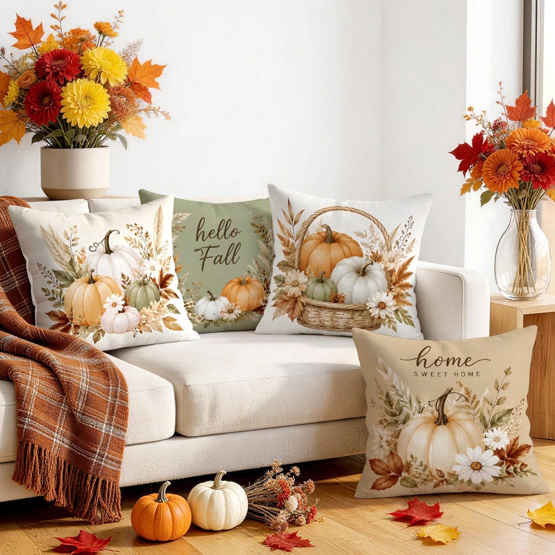 4pcs Autumn Theme Pumpkin Pattern Single-Sided Printed Pillow Covers/Cushion Covers, Multi-Scenario Atmosphere Decoration Pillow Covers Suitable For Living Room Sofa Bedroom, Pillow Inserts Not Includ