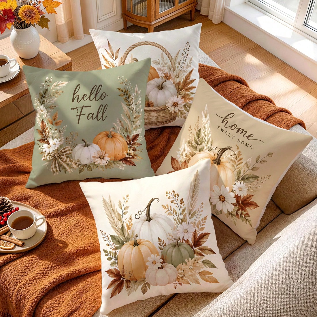 4pcs Autumn Theme Pumpkin Pattern Single-Sided Printed Pillow Covers/Cushion Covers, Multi-Scenario Atmosphere Decoration Pillow Covers Suitable For Living Room Sofa Bedroom, Pillow Inserts Not Includ